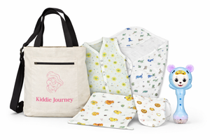 Kiddie Journey First Comfort Kit for Newborns | Muslin Jabla, Hooded Towel, Wipes, Nappy & Baby Sensory Rattle with Carry Bag (0–6 Months)