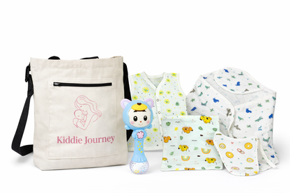 Kiddie Journey First Comfort Kit for Newborns | Muslin Jabla, Hooded Towel, Wipes, Nappy & Baby Sensory Rattle with Carry Bag (0–6 Months)